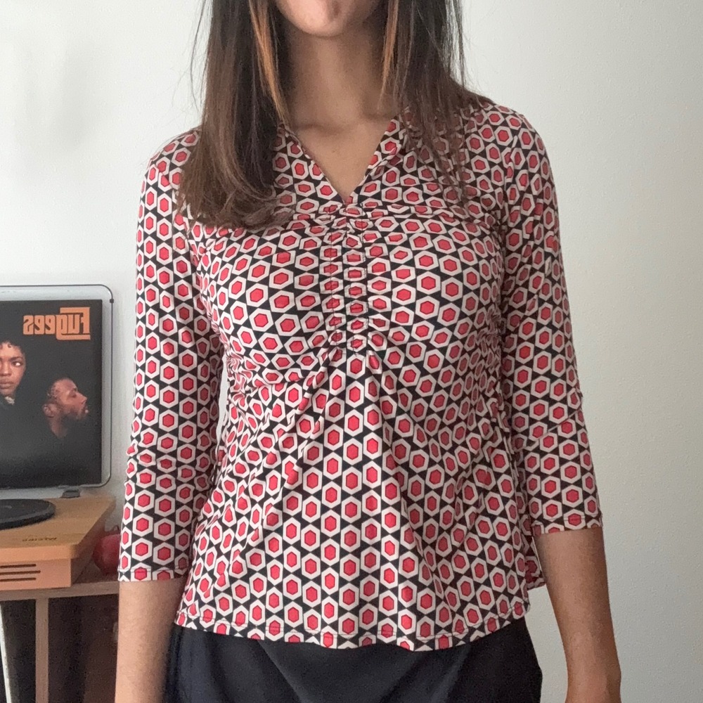 Alfani Petite Top 3/4 Sleeve Geometric Print Ruched V Neck Blouse